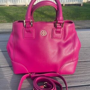 Tory Burch Fuchsia Saffiano Leather Satchel with Gold Logo
